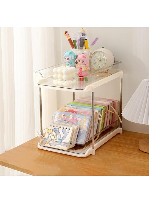 2-Tier Multi-Purpose Sliding Storage Organizer Shelf with Pull-Out Drawers & Adjustable Dividers