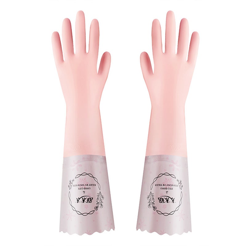 Thick Fleece-Lined Waterproof Rubber Gloves for Dishes and Cleaning Morandi powder plus velvet wide mouth Morandi powder plus velvet wide mouth