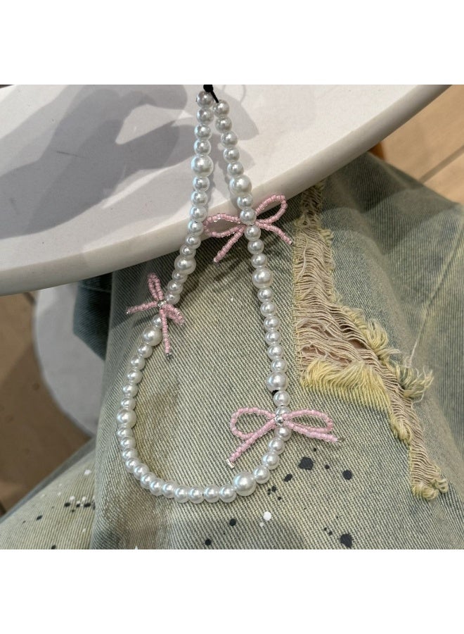 NIBEMINENT Beaded Phone Lanyard, Anti Lost Removable Wrist Strap,Pink Bow Bracelet Pendant, Phone Keychain Lanyard