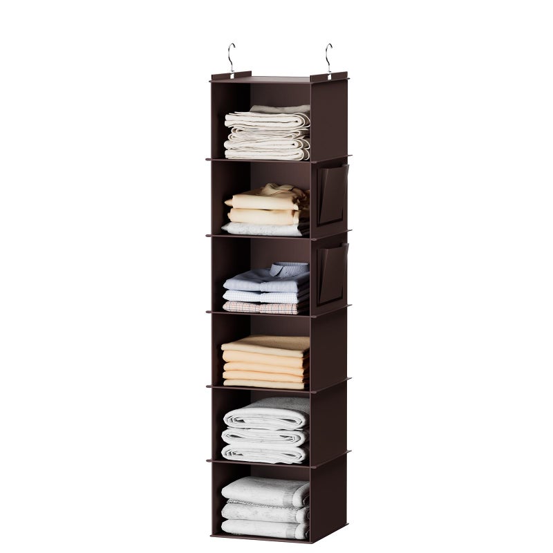 YOUDENOVA Hanging Closet Organizer, 6-Shelf Closet Hanging Storage Shelves, Brown - Image 1