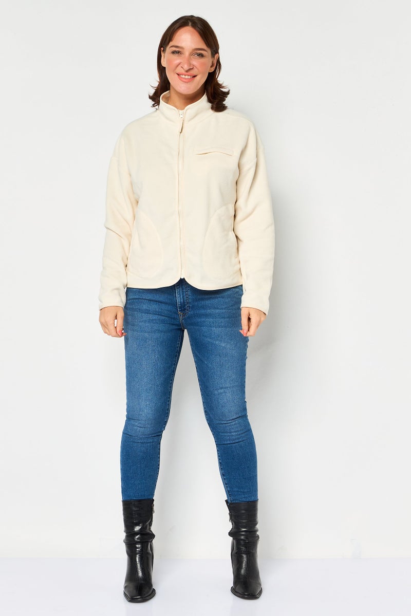 Bearpaw جاكيتات فليس ناعمة بسحاب كامل للنساء برقبة مزيفة، عاجي - Image 2