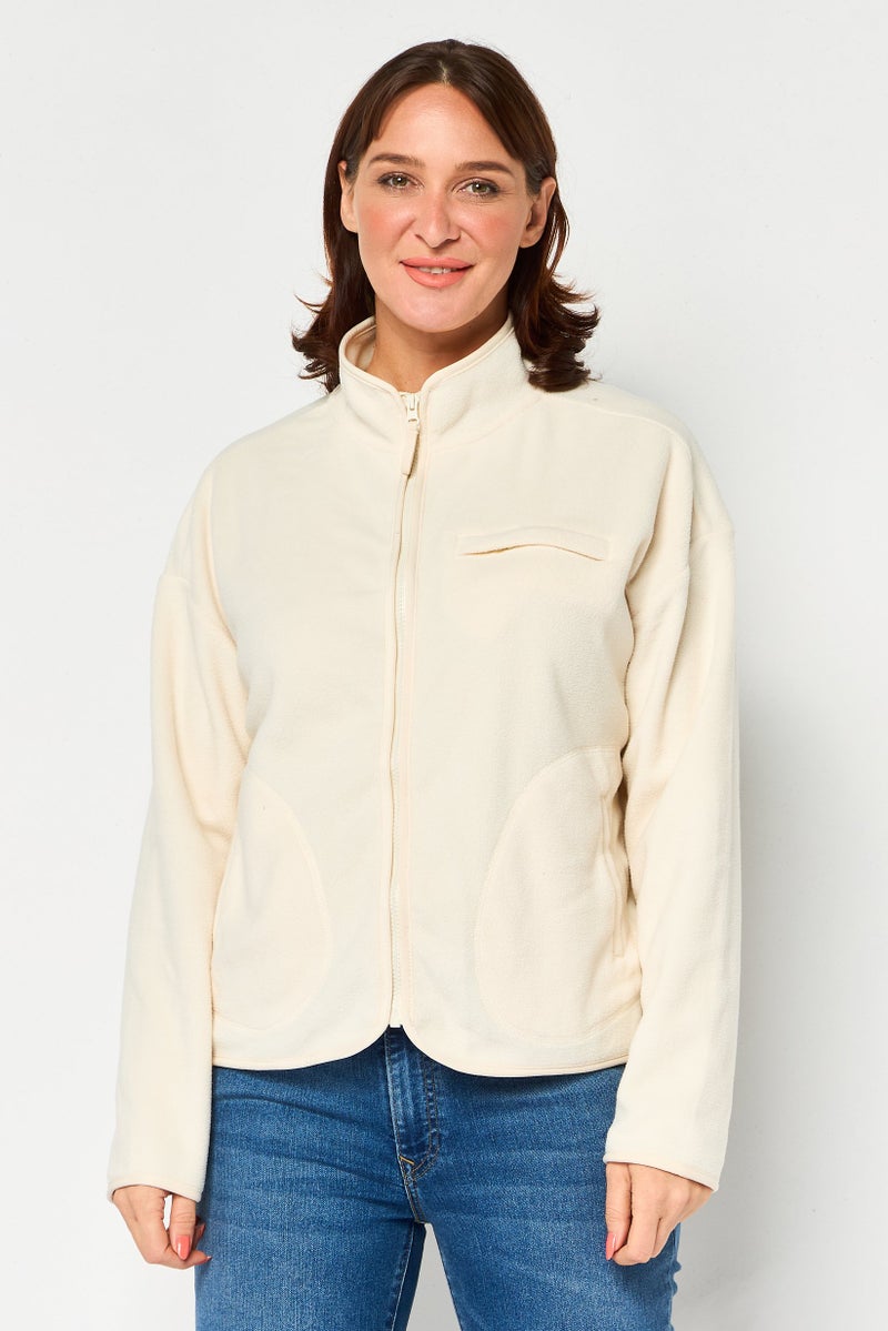 Bearpaw جاكيتات فليس ناعمة بسحاب كامل للنساء برقبة مزيفة، عاجي - Image 1