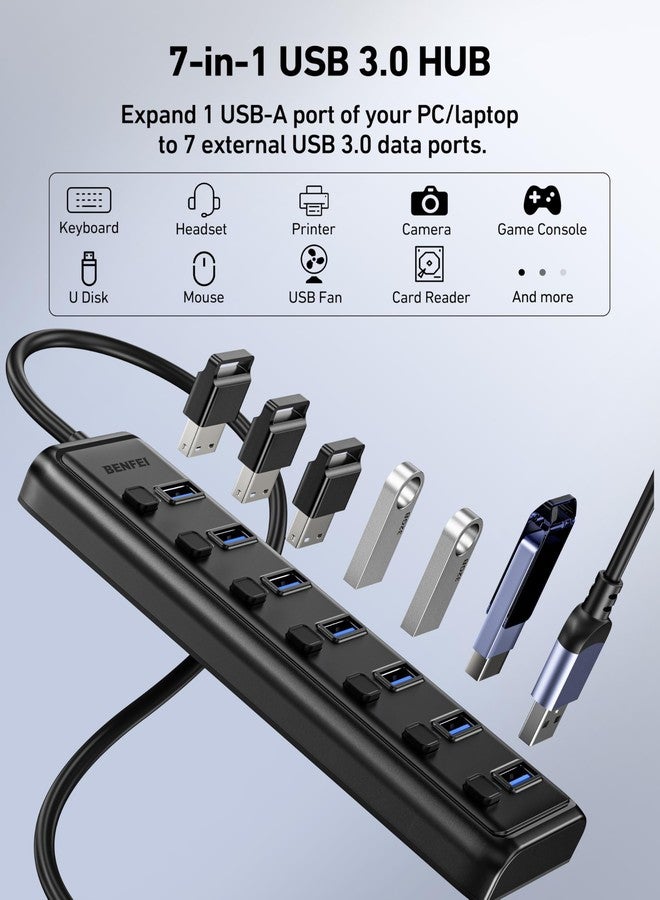 بنفي موزع USB 3.0 من BENFEI بسبعة منافذ، موزع USB محمول فائق النحافة مع كابل بطول 3.3 قدم - متوافق مع MacBook Pro/Air، وMac Pro، وMac Mini، وiMac، وSurface Pro، وXPS، والكمبيوتر الشخصي، ومحرك أقراص فلاش، ومحركات الأقراص الصلبة المحمولة (بدون منفذ شحن) - Image 3