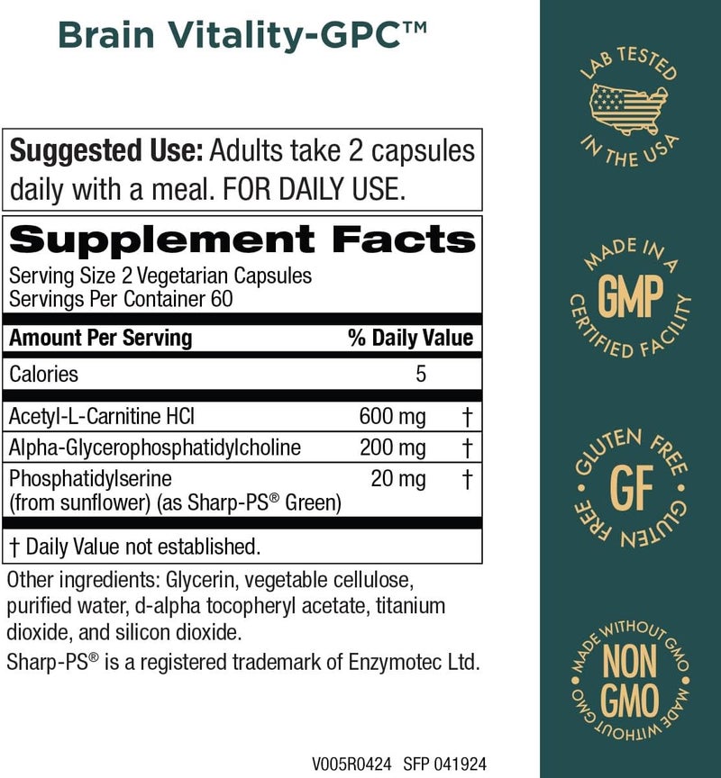 Purity Products Brain VitalityGPC Super Formula Acetyl LCarnitine HCI  Alpha GPC  Phosphatidlyserine  Supports Normal Concentration and Mental Clarity  120 Caps - Image 2