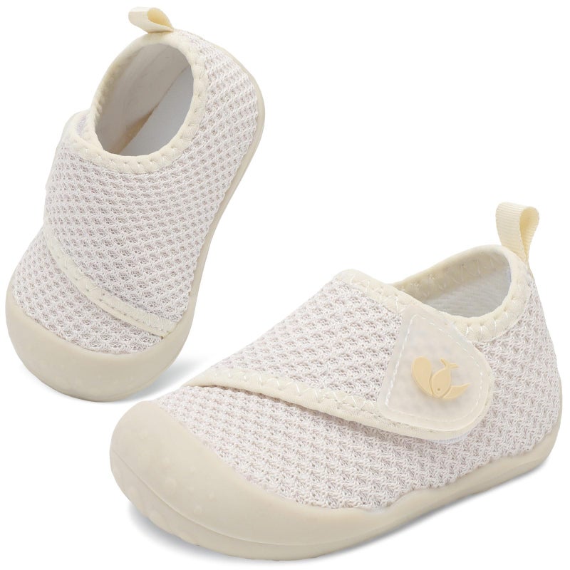 FEETCITY Infant Sneakers Baby Girls Walker Shoes Wide Baby Barefoot Shoes Slip On Infant Crib Shoe Lightweight Beige - Image 1
