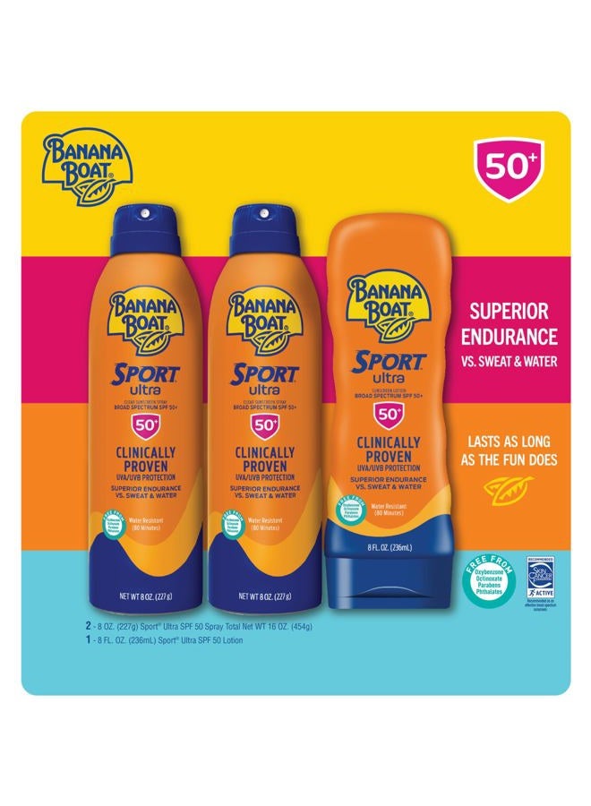 BANANA BOAT Sport Ultra SPF 50 Sunscreen Triple Pack | Includes 2 Sunscreen Sprays & 1 Lotion SPF 50, Sunblock, Water Resistant, Oxybenzone-Free, 8oz each (Pack of 3) - Image 2
