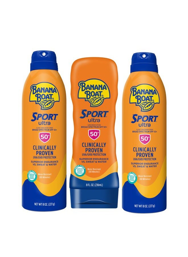 BANANA BOAT Sport Ultra SPF 50 Sunscreen Triple Pack | Includes 2 Sunscreen Sprays & 1 Lotion SPF 50, Sunblock, Water Resistant, Oxybenzone-Free, 8oz each (Pack of 3) - Image 1