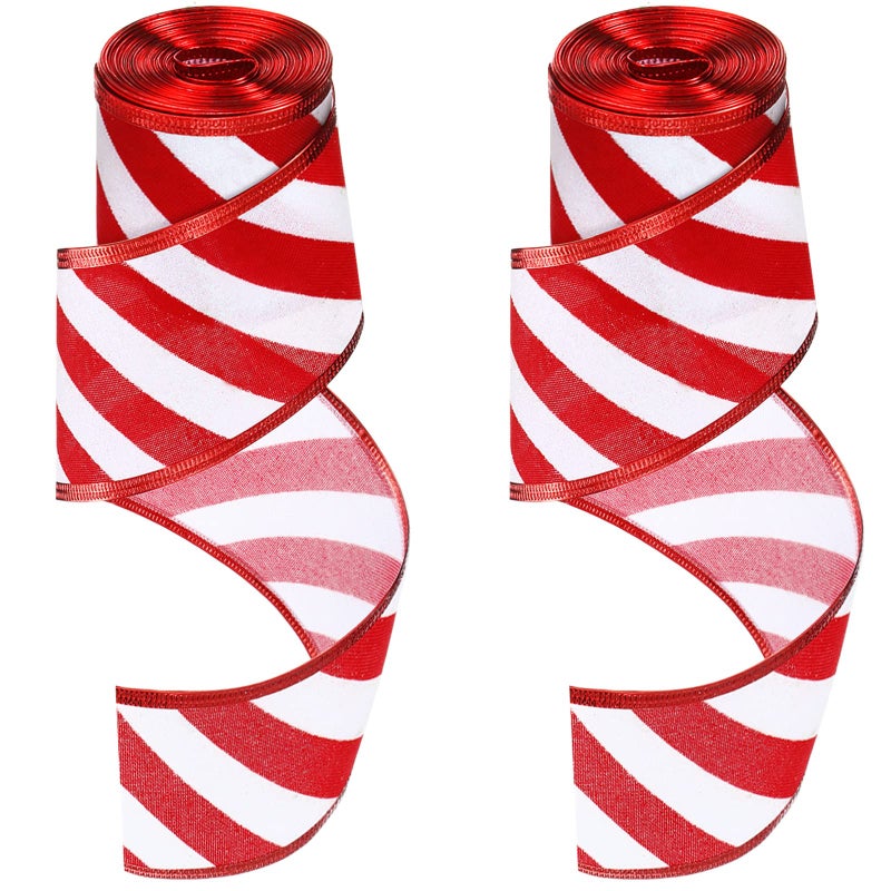 Dilunave 2 Rolls 25 Inch x 6 Yards Christmas Red and White Ribbon Christmas Candy Cane Wired Edge Ribbons DIY Craft for Xmas Tree Decorations Wreath Bows Making Gift WrappingDiagonal Stripes - Image 3