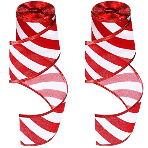 Dilunave 2 Rolls 25 Inch x 6 Yards Christmas Red and White Ribbon Christmas Candy Cane Wired Edge Ribbons DIY Craft for Xmas Tree Decorations Wreath Bows Making Gift WrappingDiagonal Stripes - Image 1