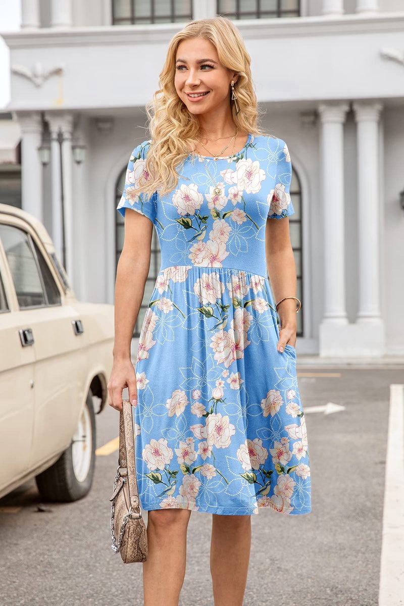 DB MOON Women Casual Short Sleeve Dresses Empire Waist Knee Length Dress with Pockets (Flower Light Blue, M) - Image 3