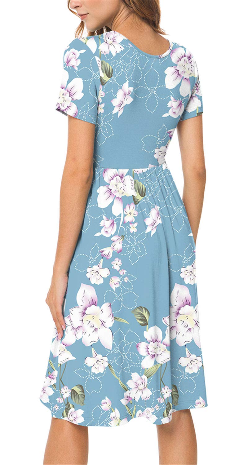 DB MOON Women Casual Short Sleeve Dresses Empire Waist Knee Length Dress with Pockets (Flower Light Blue, M) - Image 2