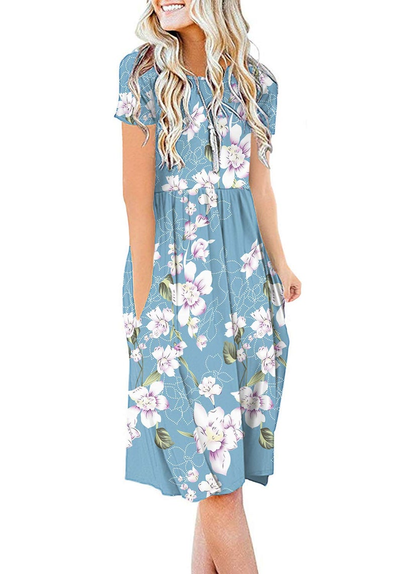 DB MOON Women Casual Short Sleeve Dresses Empire Waist Knee Length Dress with Pockets (Flower Light Blue, M) - Image 1
