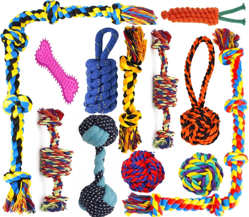 Agirav Dog and Puppy Toy Set - Chew, Teething, Rope, and Tug Toys for Small to Medium Dogs - Washable Cotton Pack of 12 - Image 1