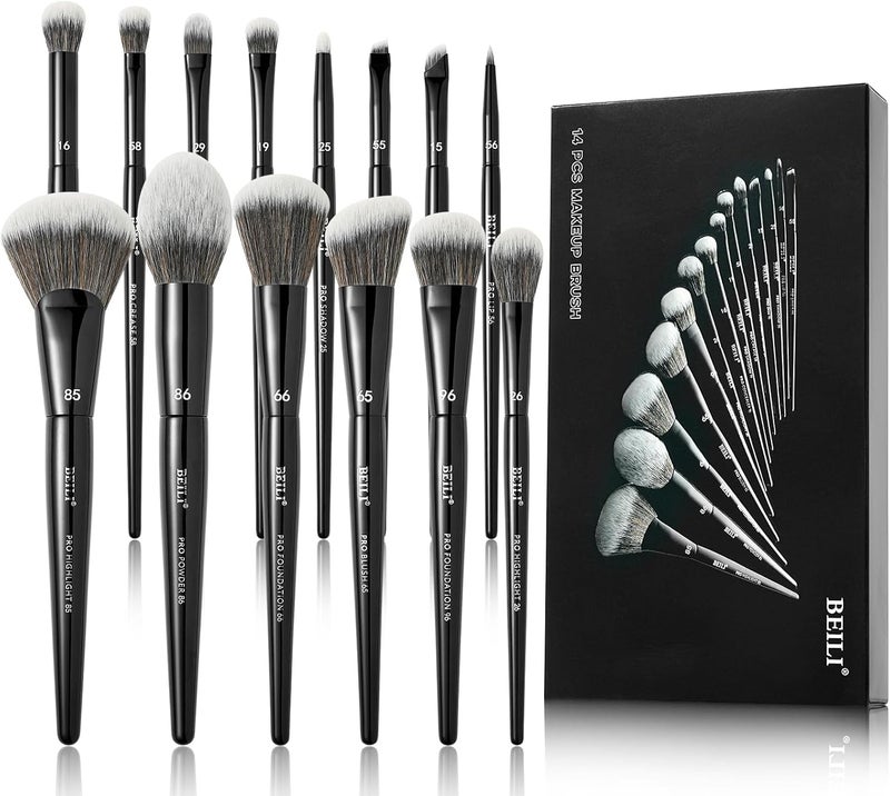 BEILI Makeup Brushes 14 PCS Black Vegan Makeup Brushes for Powder Foundation Concealer Eyebrows Eyeshadow Contour Eyeliner Blender Eye Brush