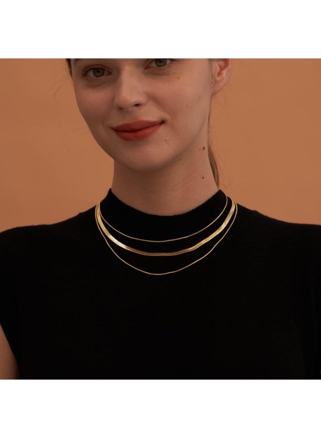 Julia Store Herringbone Non-Tarnish 18k Gold Plated Stainless Steel Layered Gold Necklaces Dainty Herringbone Necklace Chunky Thin Snake Chain Choker Necklace For Women - Image 5