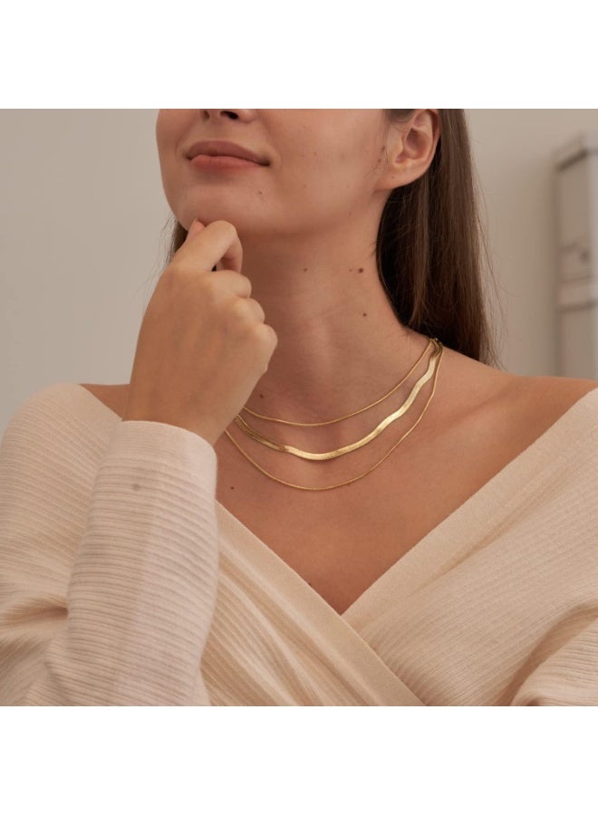Julia Store Herringbone Non-Tarnish 18k Gold Plated Stainless Steel Layered Gold Necklaces Dainty Herringbone Necklace Chunky Thin Snake Chain Choker Necklace For Women - Image 3