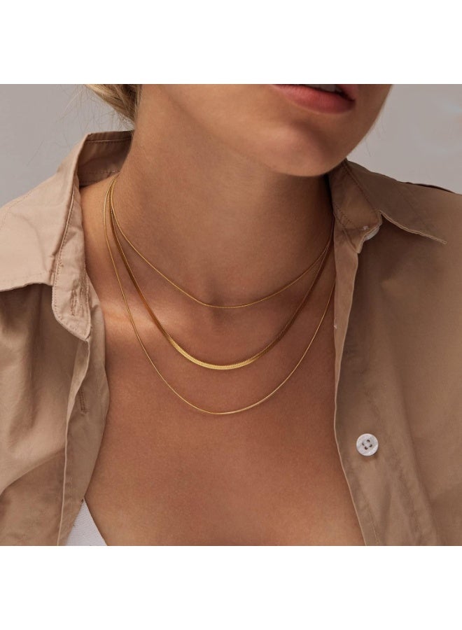 Julia Store Herringbone Non-Tarnish 18k Gold Plated Stainless Steel Layered Gold Necklaces Dainty Herringbone Necklace Chunky Thin Snake Chain Choker Necklace For Women - Image 4