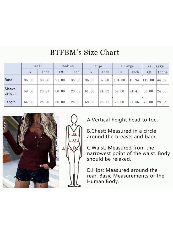 BTFBM Women Long Sleeve Shirts Fall Tops V Neck Button Up Slim Fit Ribbed Knit Solid Color Casual Shirts 2025, Solid Wine Red, L - Image 4