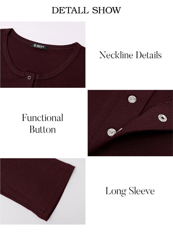 BTFBM Women Long Sleeve Shirts Fall Tops V Neck Button Up Slim Fit Ribbed Knit Solid Color Casual Shirts 2025, Solid Wine Red, L - Image 5