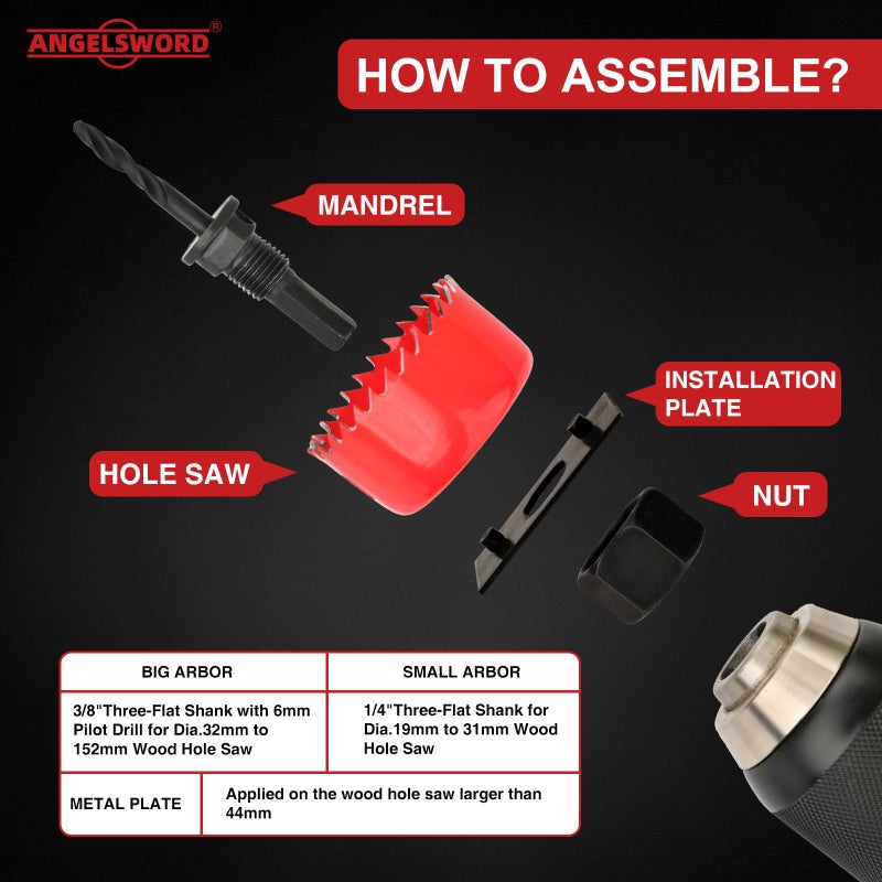 ANGELSWORD Hole Saw Set 24 PCS Double-Ground Teeth Hole Saw Kit, Hole Saw Drill Bit Kit, 3/4"-6" (19-152mm) 14 PCS Saw Blades, for Drywall, Soft Wood, Plywood, Plastic, PVC - Image 5