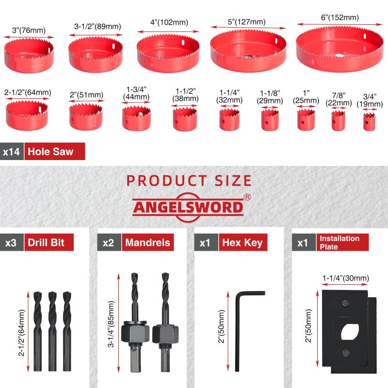ANGELSWORD Hole Saw Set 24 PCS Double-Ground Teeth Hole Saw Kit, Hole Saw Drill Bit Kit, 3/4"-6" (19-152mm) 14 PCS Saw Blades, for Drywall, Soft Wood, Plywood, Plastic, PVC - Image 2
