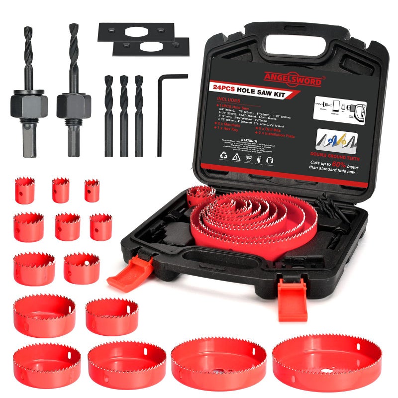 ANGELSWORD Hole Saw Set 24 PCS Double-Ground Teeth Hole Saw Kit, Hole Saw Drill Bit Kit, 3/4"-6" (19-152mm) 14 PCS Saw Blades, for Drywall, Soft Wood, Plywood, Plastic, PVC - Image 1