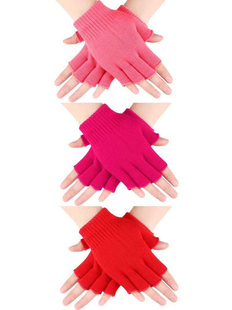 SATINIOR 3 Pairs Half Finger Gloves Winter Fingerless Knit Gloves for Typing in Cold Office(Red, Rose Red, Pink) - Image 1