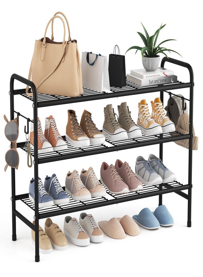 VILICK 3 Tier Shoe Rack 33" Wide Metal Shoe Organizer Long Shoe Storage with 4 Side Hooks Sturdy Shoes Shelf for Front Door Entrance, Closet, Garage, Dorm, Black - Image 1