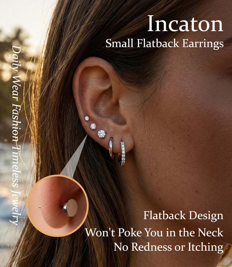 Incaton Hypoallergenic Flat Back Earrings Cartilage Earring Stacks Surgical Stainless Steel Earrings for Sensitive Ears Small Flatback Stud Hoop Earring Sets for Helix Tragus Multiple Piercing Jewelry Silver - Image 5