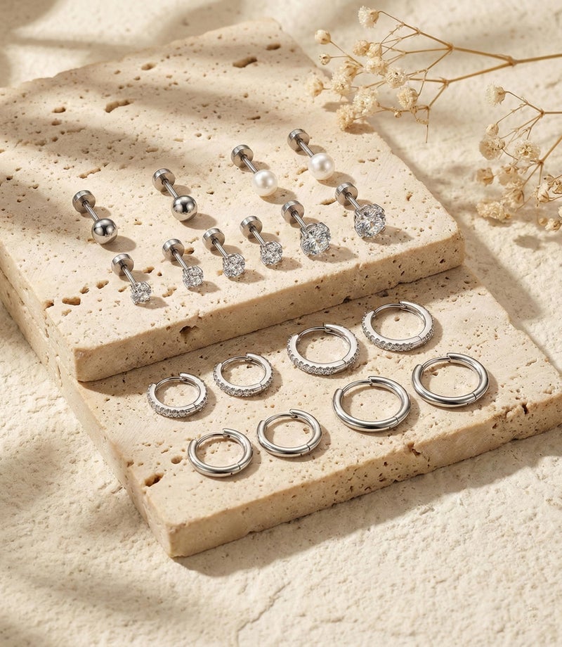 Incaton Hypoallergenic Flat Back Earrings Cartilage Earring Stacks Surgical Stainless Steel Earrings for Sensitive Ears Small Flatback Stud Hoop Earring Sets for Helix Tragus Multiple Piercing Jewelry Silver - Image 2