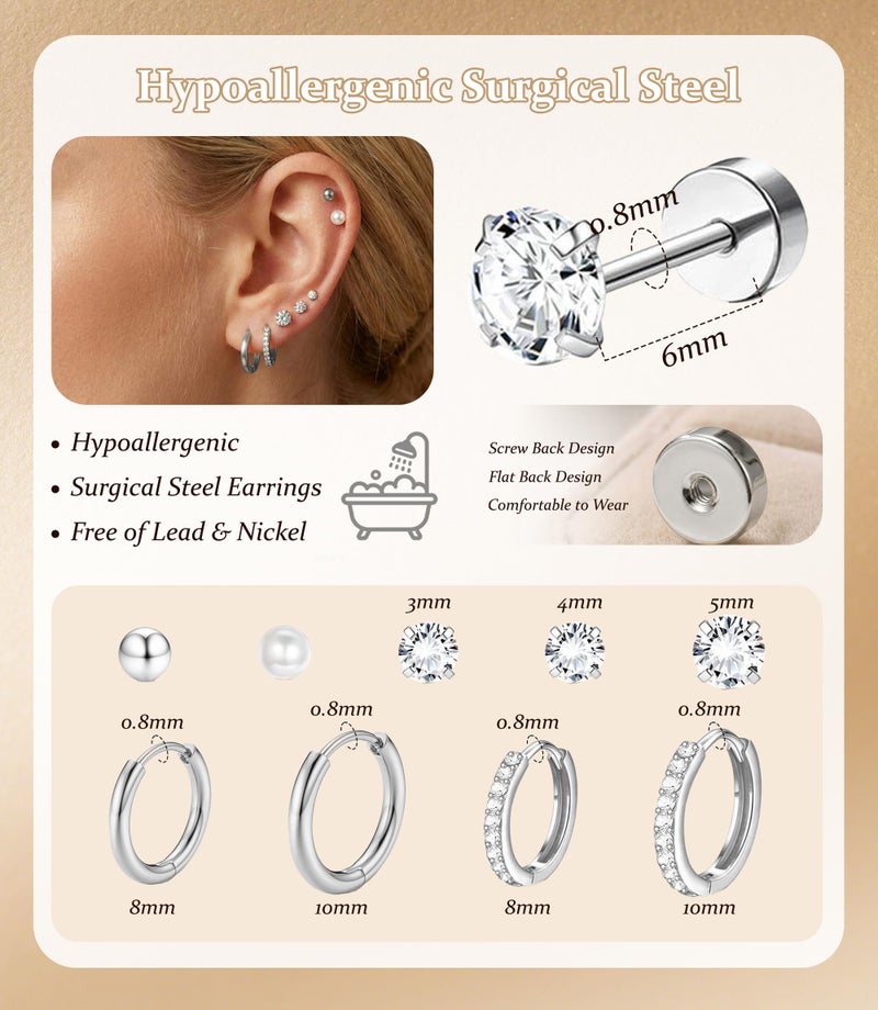 Incaton Hypoallergenic Flat Back Earrings Cartilage Earring Stacks Surgical Stainless Steel Earrings for Sensitive Ears Small Flatback Stud Hoop Earring Sets for Helix Tragus Multiple Piercing Jewelry Silver - Image 3