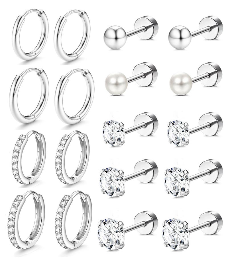 Incaton Hypoallergenic Flat Back Earrings Cartilage Earring Stacks Surgical Stainless Steel Earrings for Sensitive Ears Small Flatback Stud Hoop Earring Sets for Helix Tragus Multiple Piercing Jewelry Silver - Image 1