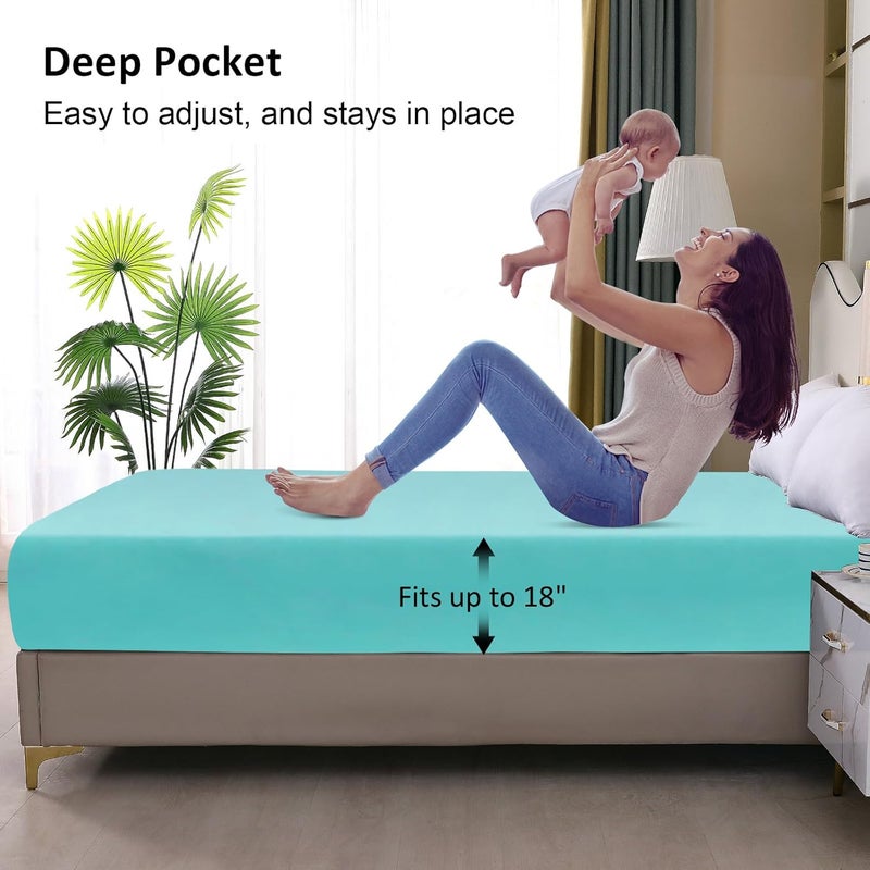 ohano Twin Mattress Protector Waterproof, Fitted Sheet Style Breathable Mattress Cover with Deep Pocket Fits Up to 18'', Noiseless Bed Cover for Kids Adults Pets, Machine Washable (Cyan, 39'' X 75'') - Image 4