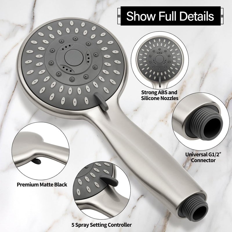 Briout Shower Head with Handheld, 5-Settings Showerhead High Pressure Powerful Water Spray Shower Head Set with 59 Inch Stainless Steel Hose and Bracket, Brushed Nickel - Image 3