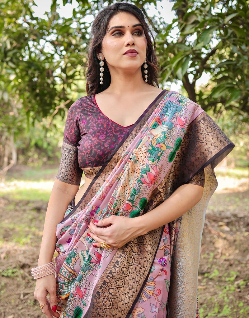 SIRIL Women's Silk Kalamkari Printed Saree With Unstitched Blouse Piece (4290S234_Light Pink & Multi) - Image 4