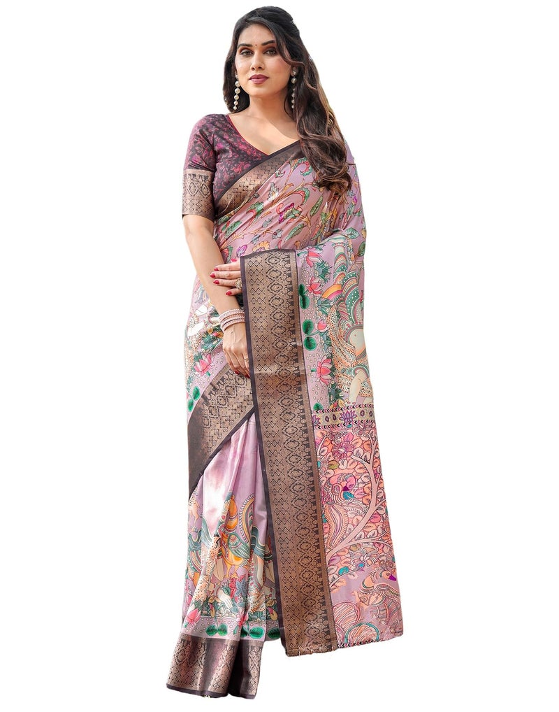 SIRIL Women's Silk Kalamkari Printed Saree With Unstitched Blouse Piece (4290S234_Light Pink & Multi) - Image 1