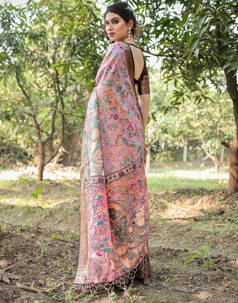 SIRIL Women's Silk Kalamkari Printed Saree With Unstitched Blouse Piece (4290S234_Light Pink & Multi) - Image 3