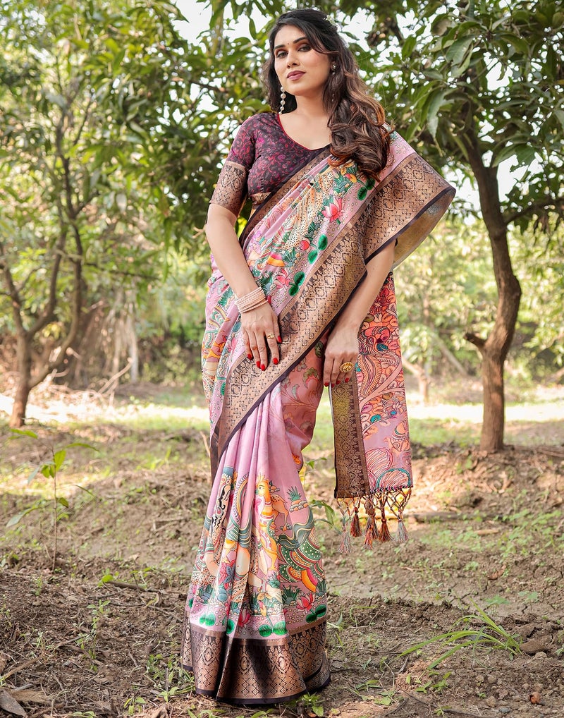 SIRIL Women's Silk Kalamkari Printed Saree With Unstitched Blouse Piece (4290S234_Light Pink & Multi) - Image 2