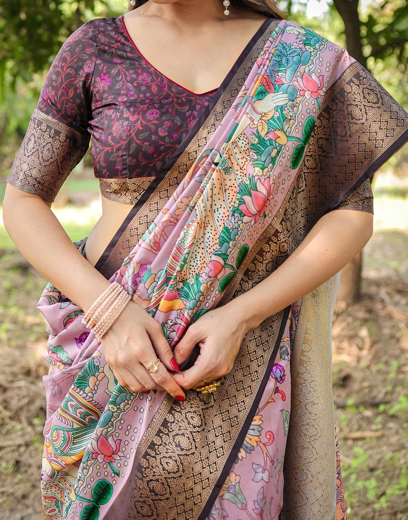 SIRIL Women's Silk Kalamkari Printed Saree With Unstitched Blouse Piece (4290S234_Light Pink & Multi) - Image 5