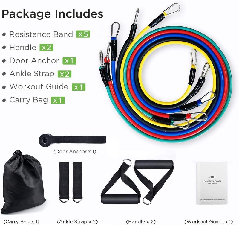 VDHJA Synthetic Rubber Resistance Band Exercise, Stretching and Workout Toning Tube Kit with Handles, Door Anchor, Ankle Strap, Set of 11 - Image 3