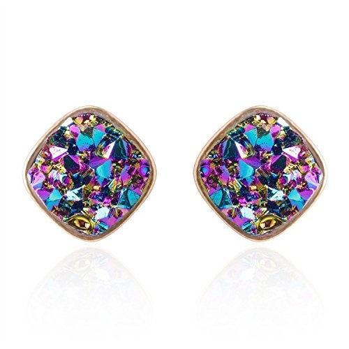 BaubleStar Druzy Stud Earrings Delicate Square Resin Mineral Rock Stone Ear Studs Jewelry for Women - Image 1
