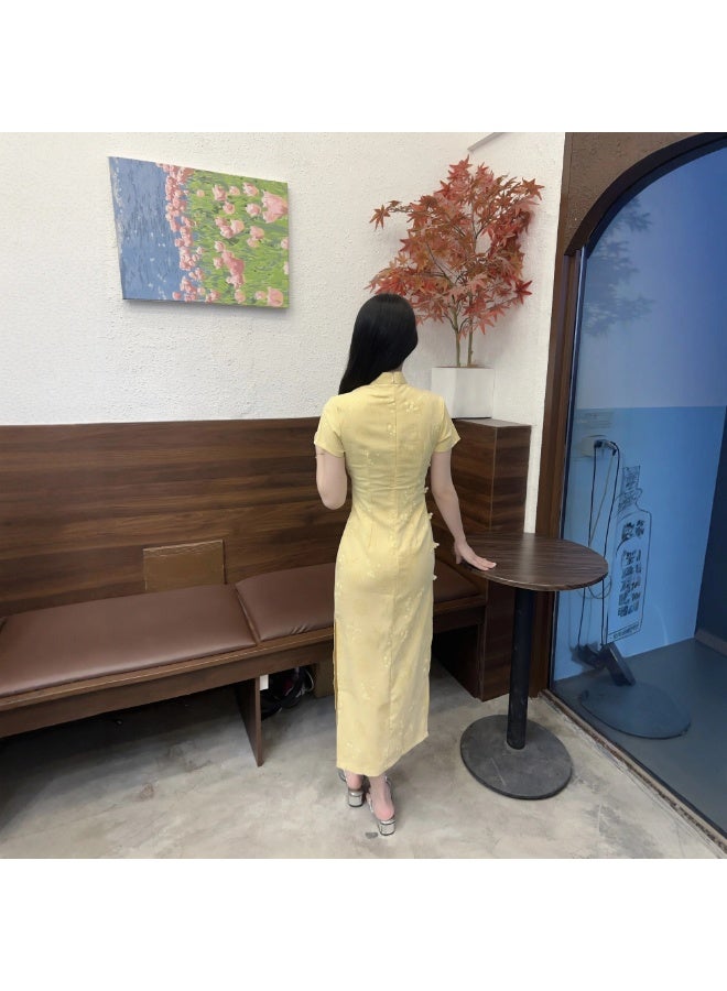 Light Yellow Neo‑Chinese Long Improved Qipao Dress, Bamboo‑Plum Jacquard Short Sleeve Side Slit Vintage Cheongsam for Daily Wear - Image 3