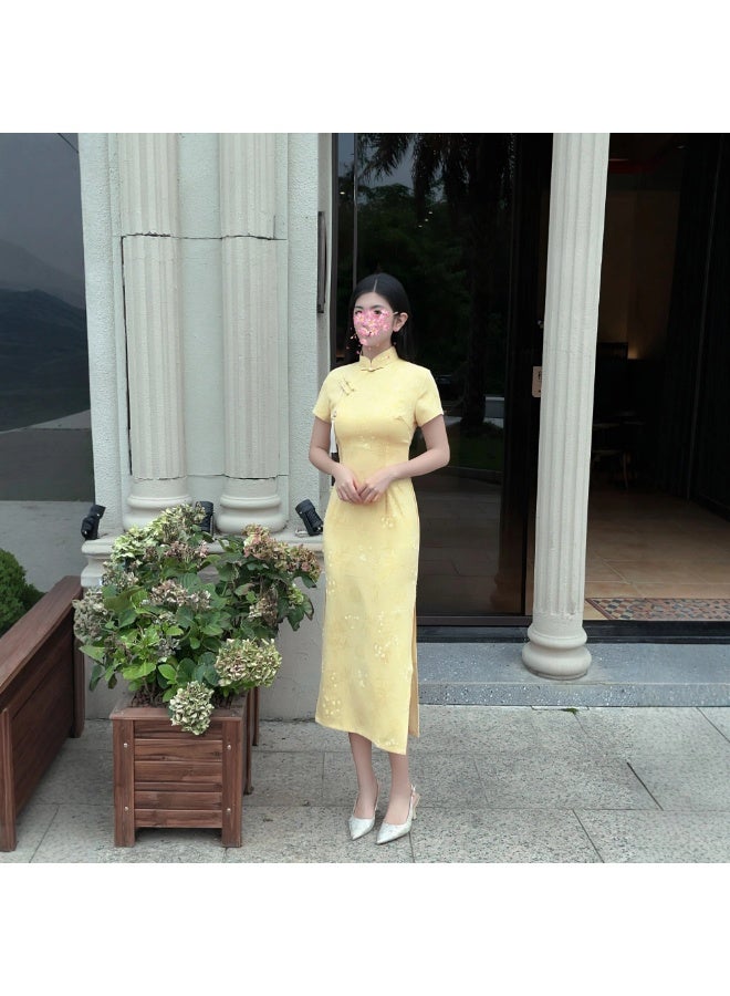 Light Yellow Neo‑Chinese Long Improved Qipao Dress, Bamboo‑Plum Jacquard Short Sleeve Side Slit Vintage Cheongsam for Daily Wear - Image 5