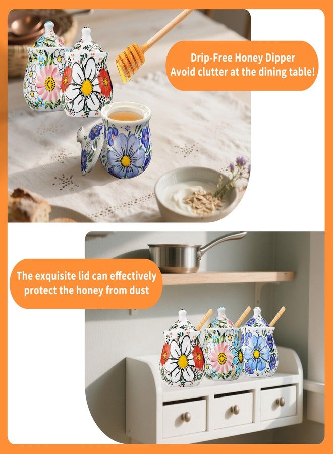 JUSONEY Ceramic Honey Pot with Dipper and Lid,10oz Handpainted Honey Dispenser with Flowers,No drip, Honey Jar Easy Clean(A) - Image 3