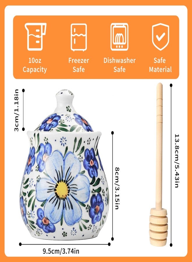 JUSONEY Ceramic Honey Pot with Dipper and Lid,10oz Handpainted Honey Dispenser with Flowers,No drip, Honey Jar Easy Clean(A) - Image 2