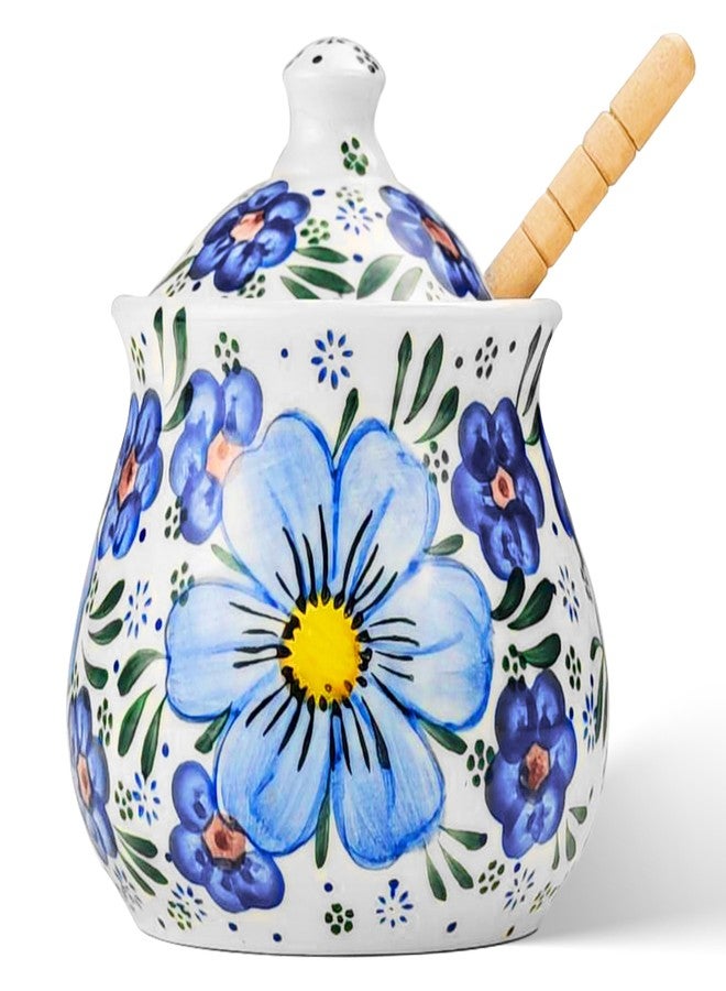 JUSONEY Ceramic Honey Pot with Dipper and Lid,10oz Handpainted Honey Dispenser with Flowers,No drip, Honey Jar Easy Clean(A) - Image 1