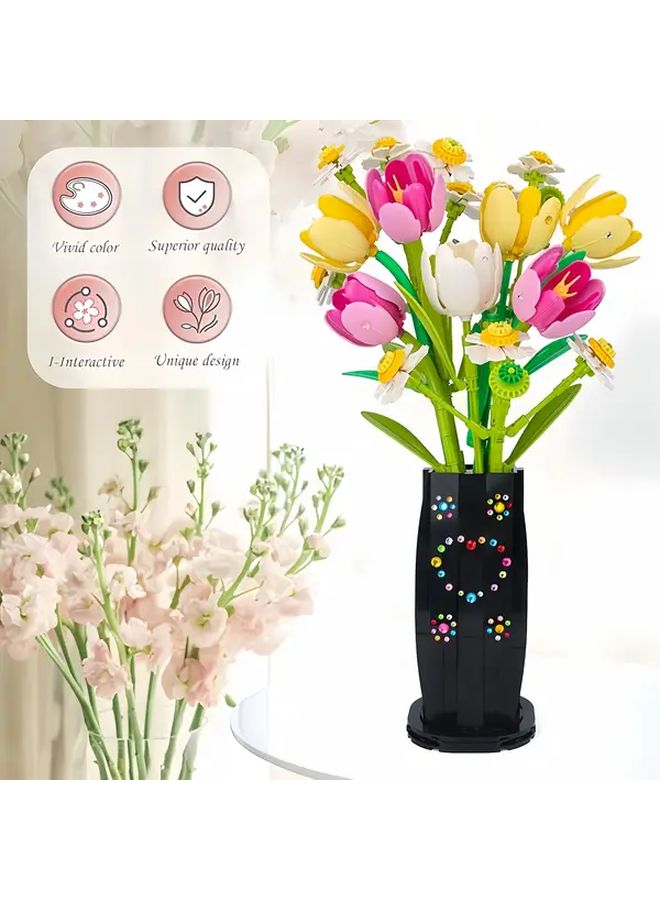 Mixed Color 1250 Pcs Bouquet Building Blocks DIY Tulip Daisy Artificial Flowers Gift - Image 4