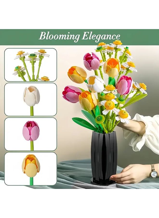Mixed Color 1250 Pcs Bouquet Building Blocks DIY Tulip Daisy Artificial Flowers Gift - Image 3