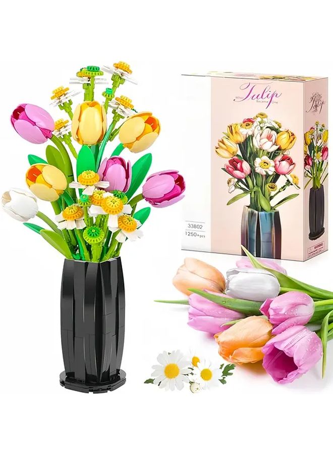 Mixed Color 1250 Pcs Bouquet Building Blocks DIY Tulip Daisy Artificial Flowers Gift - Image 1