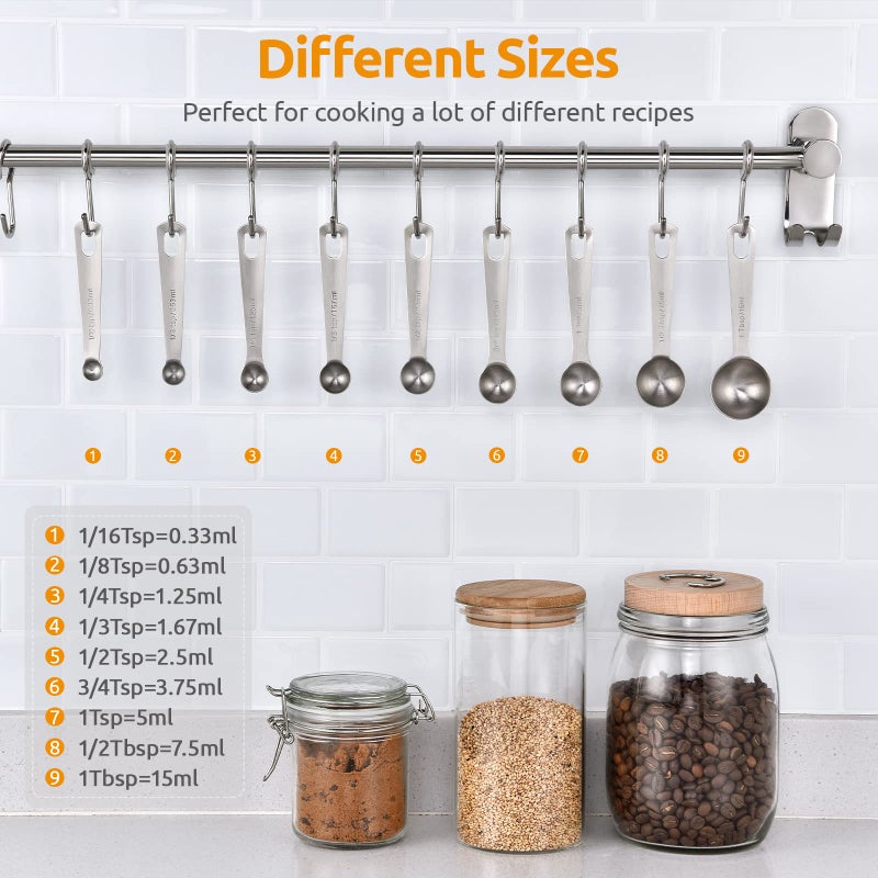 U-Taste Measuring Spoons: U-Taste 18/8 Stainless Steel Measuring Spoons Set of 9 Piece: 1/16 TSP, 1/8 TSP, 1/4 TSP, 1/3 TSP, 1/2 TSP, 3/4 TSP, 1 TSP, 1/2 tbsp & 1 tbsp Dry and Liquid Ingredients - Image 2